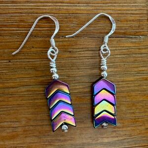 Rainbow Hematite Chevron Beaded Handmade Earrings on 925 Sterling Silver Hooks